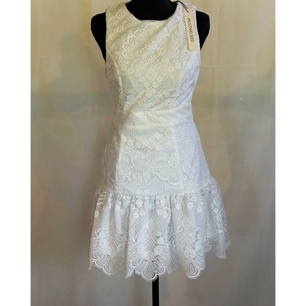 Mustard Seed White Floral Lace Mini Dress Sleeveless Ruffle Hem Zip Round Neck S